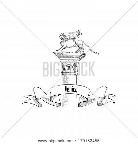 Venice citiy symbol San Marco Lion statue on column. Italian landmark label isolated over white background with copy space. Travel Italy sign.