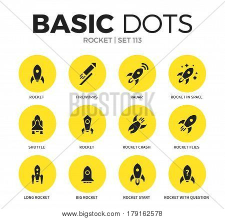 Rocket flat icons set with fireworks, radar and shuttle isolated vector illustration on white