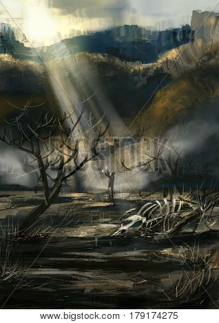 digital Painting illustration. Lifestyle. Earth through drought gets Blessing from God