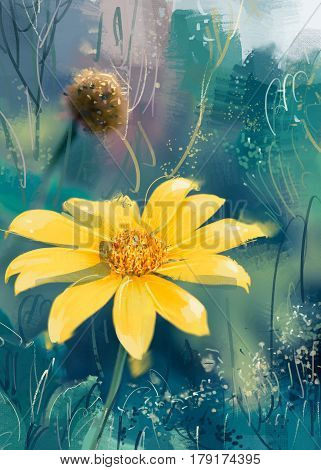 digital painting Mexican tournesol yellow flowers.Style oil paintings