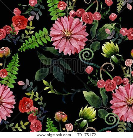 Drawing floral watercolor collage arranged in a pattern. Black background