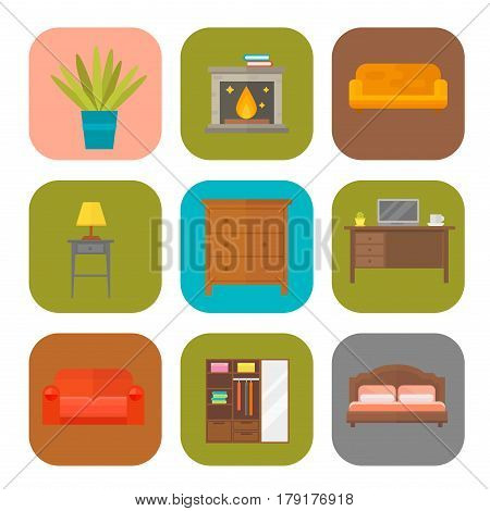Furniture home decor icon set indoor cabinet interior room library office bookshelf modern restroom silhouette decoration vector illustration. Cartoon colorful bedside table and other signs.
