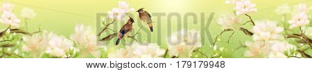 Paradise birds and vanilla flowers on green background. Horizontal panoramic art. Can be used for kitchen or salon design