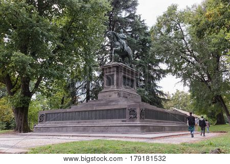 Milan Italy - September 29 2015 : Monument to Napoleon III executed sculptor Francesco Barzaghi. Established in 1886 in the park Sempione in Milan Italy.