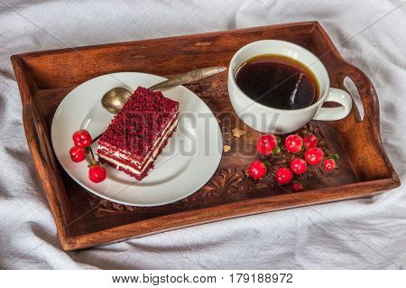 Breakfast In Bed. Cup, Coffee, Red, Velvet, Cake