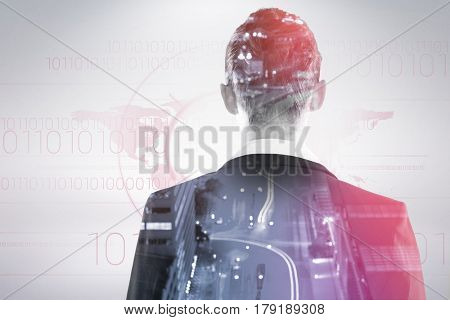 Businesswoman standing against white background against glowing road amidst building in city at night 3d