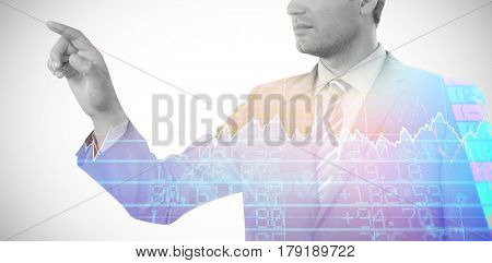Businessman touching digital screen against stocks and shares 3d