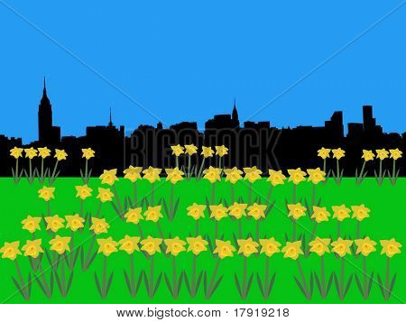 Midtown manhattan skyline İlkbahar nergis çizim ile