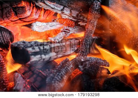 Flame burning in the dark abstract defocus. wood in fire