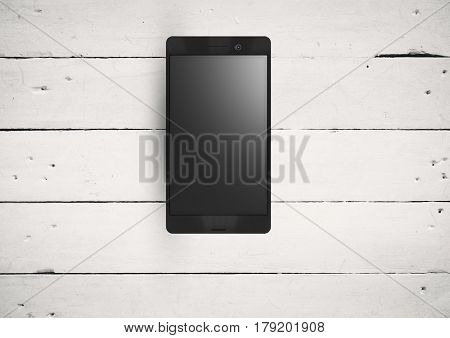 Digital composite of 3D Phone against white wood background