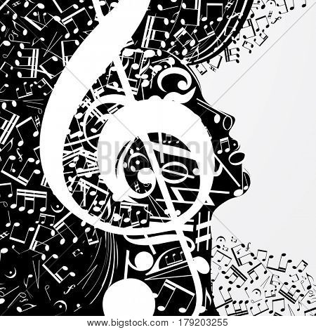 Abstract female profile composed of musical signs, notes. Musical poster with DJ, soul of music, cover for CD. 