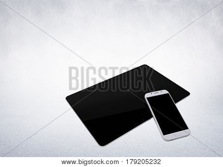 Digital composite of 3D tablet and phone against white background