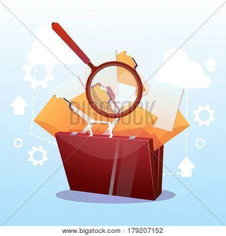 Open Briefcase Paper Document Search Magnifying Glass Paperwork Business Concept Flat Vector Illustration