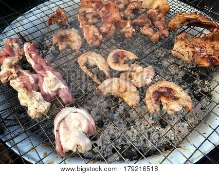 Pork, Chitterlings, Pork Tongue Barbecue Thailand Street Food Recommend.