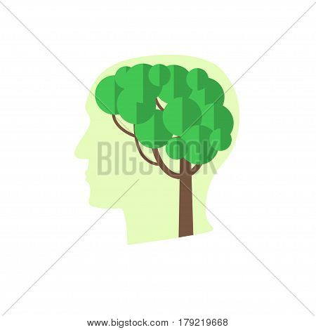 Tree brain concept. Stock vector illustration of human head silhouette with a plant inside. Think green.