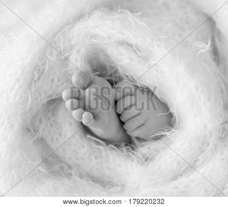 Little feet and toes of an infant sleeping tighly covered with soft warm blanket