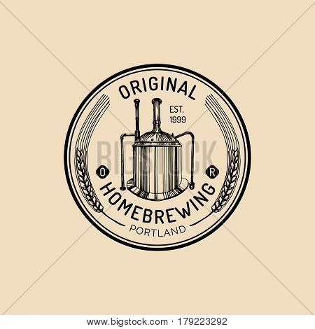 Brew kettle logo. Kraft beer mug logo. Lager cup retro sign. Hand sketched ale illustration. Vector vintage homebrewing label or badge.