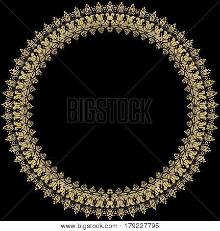 Oriental vector round golden frame with arabesques and floral elements. Floral fine border with vintage pattern. Greeting card with place for text