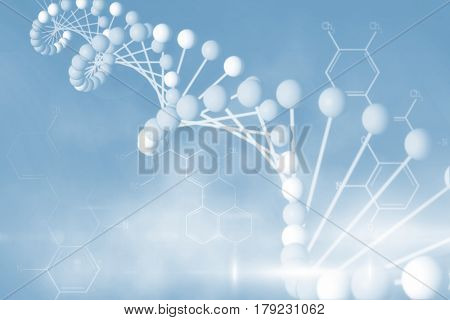 Digitally generated blue DNA strand with chemical structures 3d