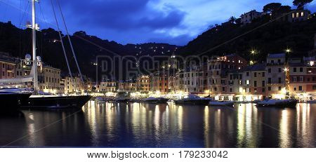Portofino Italy: the village of Portofino just after sunset when even the last boats have returned for the evening.
