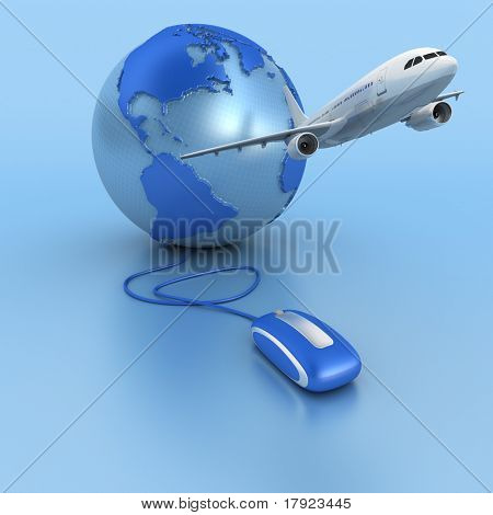 Representación 3D de un mapa del mundo conectado a un ratón de la computadora y un avión despegando
