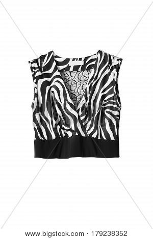Black and white satin sleeveless top on white background