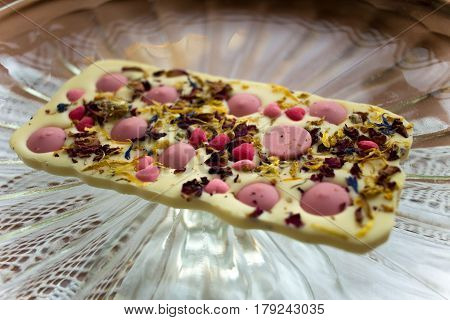 Original Polish White Chocolate With Straberry Candies And Sweet Herbs. Hand Made Dessert Snack On W