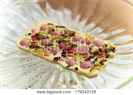 Original Polish White Chocolate With Straberry Candies And Sweet Herbs. Hand Made Dessert Snack On W