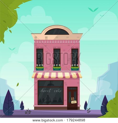 Modern cafe, restaurant, coffee shop, bakery, pizzeria building. Vector illustration. Nature landscape background. Cartoon flat style. Pink and violet colors. For logo design, brending poster