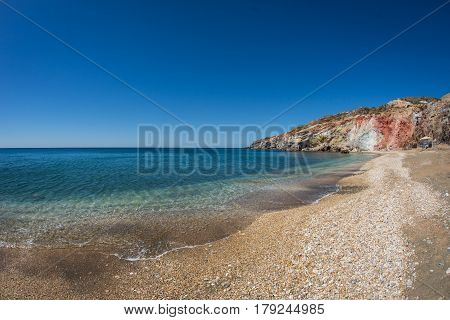 Unique Paleochori beach with multicolored pebbles and rocks, Milos island, Greece
