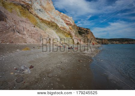 Unique Paleochori beach with multicolored pebbles and rocks, Milos island, Greece
