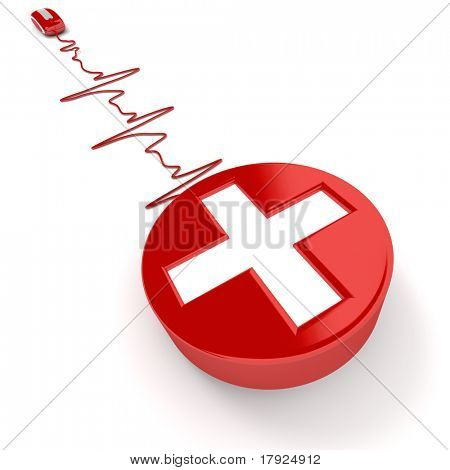 Renderização 3D de uma cruz branca sobre o vermelho conectado a um mouse de computador com o cabo em forma de um ouvir