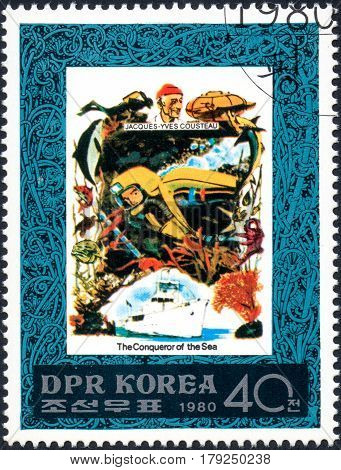 UKRAINE - CIRCA 2017: A postage stamp printed in DPR North Korea shows Jacques Cousteau serie The Conqueror of the Sea circa 1980