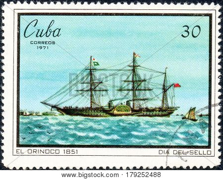 UKRAINE - CIRCA 2017: A postage stamp printed in Cuba shows Sailing vessel El Orinoco 1851 serie Seal Day circa 1971