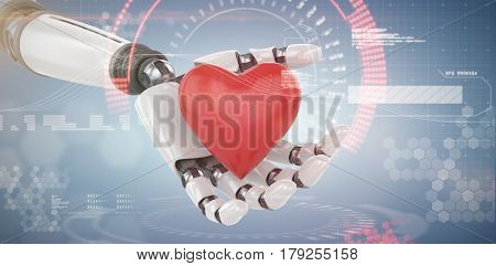 3d image of cyborg holding red heart shape decor against composite image of face