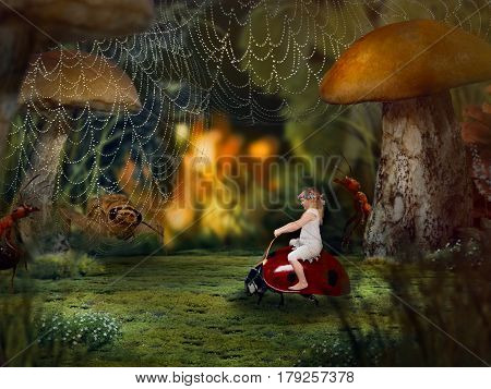 The little girl in the macrocosm. The child shrank to the size of insects. Children's fairy tale