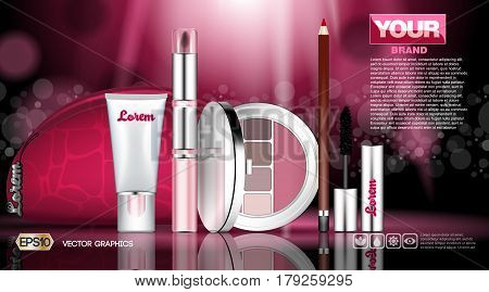Cosmetic set ads template, mascara and brow s gel collection cover mockup. Pink background fragrance. Dazzling effect background. 3D Realistic Vector illustration