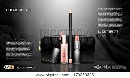 Cosmetic set ads template, mascara and brow s gel collection cover mockup. Pink background fragrance. Dazzling effect background. 3D Realistic Vector illustration