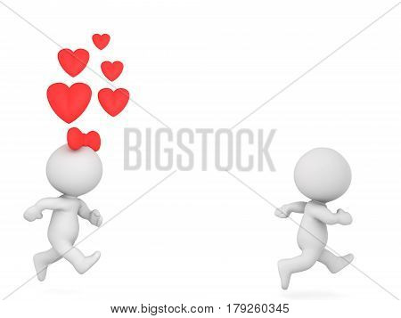 3D Man running away from woman who loves him. Symbolizing fear of commitment and avoidant personality disorder.