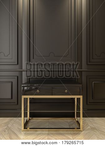 Black console with gold in classic black interior. 3d render illustration.