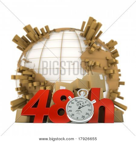 3D แสดงโลกเต็มไปด้วยแพคเกจกองกล่องและคำ 48 ชั่วโมงและโครโนมิเตอร์แบบ