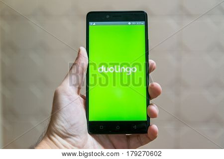 Nitra, Slovakia, March 24, 2017: Duolingo application logo on smartphone