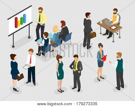 Business people lifestyle. Coaching and mentoring concept. Сommunicating people at the office. 3d isometric concept.