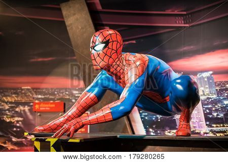Bangkok -jan 29: A Waxwork Of Spiderman On Display At Madame Tussauds On January 29, 2016 In Bangkok