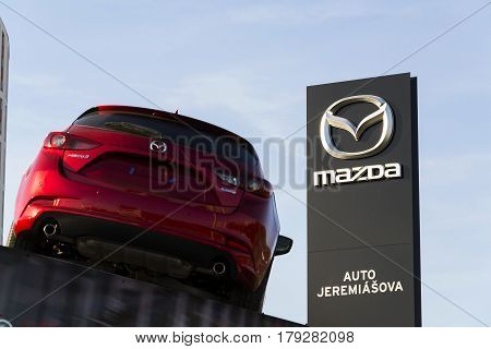 Prague, Czech Republic - March 31: Mazda 3 Car In Front Of Dealership Building On March 31, 2017 In