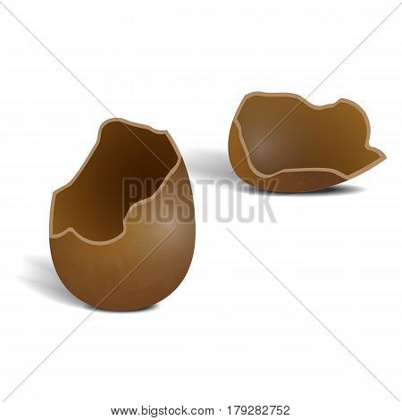 Realistic broken milky chocolate egg isolated on white background. Two halfs of egg with shadow. Icon for design. Vector illustration of hollow tasty sweetness.