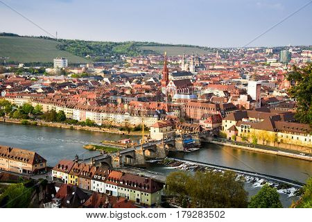 Historic City Of Wurzburg With Bridge Alte Mainbrucke, Germany.