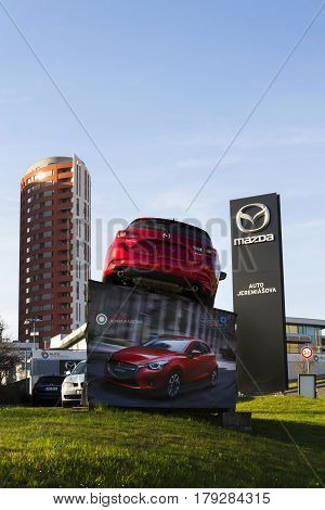 Prague, Czech Republic - March 31: Mazda 3 Car In Front Of Dealership Building On March 31, 2017 In