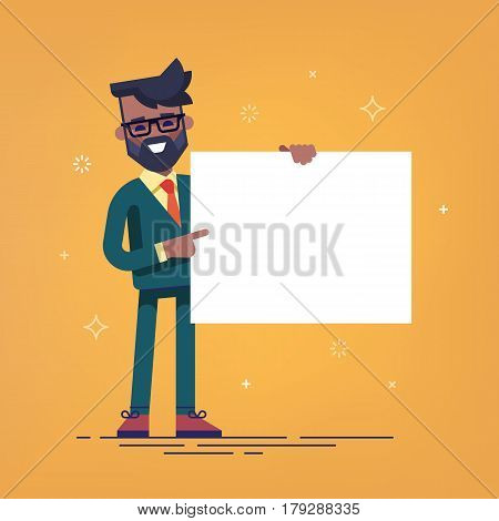 African american manager with beard in formal suit holding a blank sheet and pointing by index finger to it. Template for your text. Cartoon character. Stock vector illustration in flat design.