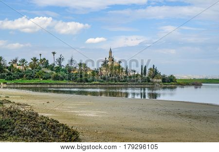 Hala Sultan Tekke Mosque at the Aliki salt lake in Larnaka, Cyprus.